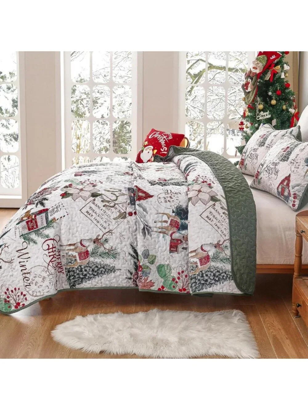 Cozy Christmas Quilt Set Queen - Festive Xmas Tree & Reindeer Bedding Decor